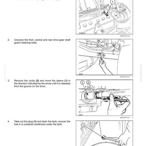 Op de afbeelding: Technische diagram van het verwijderen van het voorwielaandrijvingssysteem van een auto. De stappen omvatten het loskoppelen van de accukabel, het losschroeven van bouten, het verwijderen van een borgveer en huls, en het aftappen van de tank. Gedetailleerde technische illustratie.
