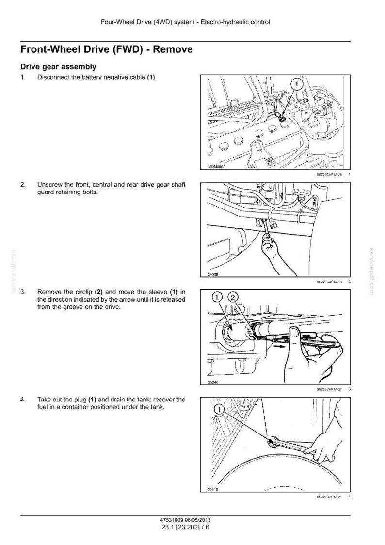 Op de afbeelding: Technische diagram van het verwijderen van het voorwielaandrijvingssysteem van een auto. De stappen omvatten het loskoppelen van de accukabel, het losschroeven van bouten, het verwijderen van een borgveer en huls, en het aftappen van de tank. Gedetailleerde technische illustratie.
