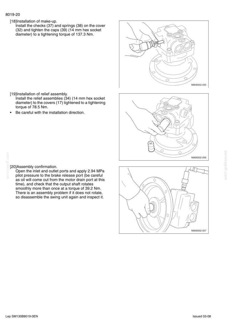 May include: Technical diagram showing the installation of mechanical components. The diagram includes illustrations of the assembly process, with text detailing steps such as tightening caps to specific torque values. The image is a black and white technical drawing.
