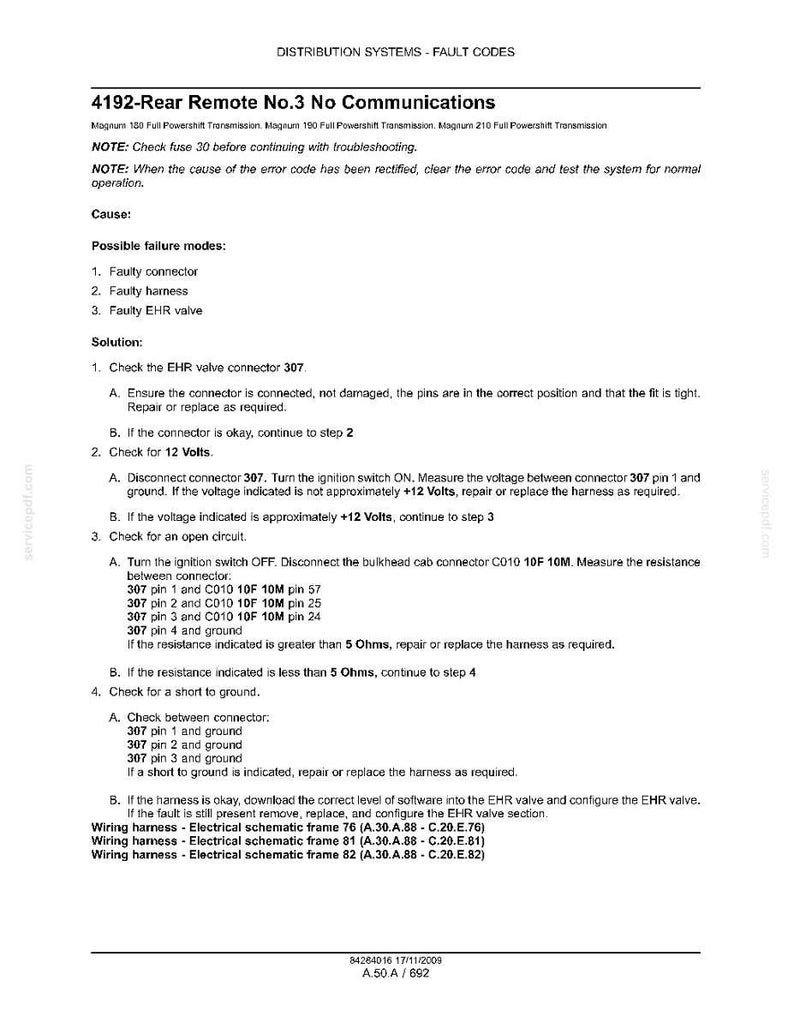 May include: A technical document with the title "4192-Rear Remote No.3 No Communications". The document provides troubleshooting steps for a vehicle's distribution system, including checking connectors, voltage, and circuits. The text is black on a white background.