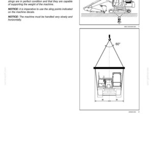 May include: Diagram illustrating transport operations for heavy machinery. The image shows an excavator being lifted with a sling, with angles of 30-40 degrees and 60 degrees indicated. Text provides instructions for safe handling and transport.