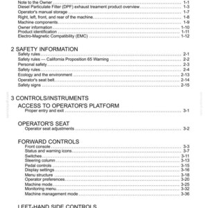 May include: A white document page titled "Contents" with a list of topics including "General Information", "Safety Information", and "Controls/Instruments". The document appears to be a manual for a machine.