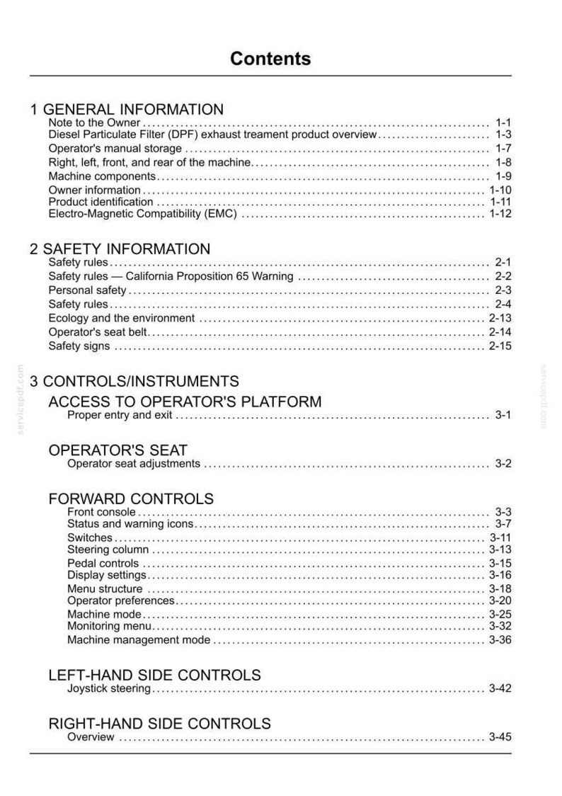 May include: A white document page titled "Contents" with a list of topics including "General Information", "Safety Information", and "Controls/Instruments". The document appears to be a manual for a machine.
