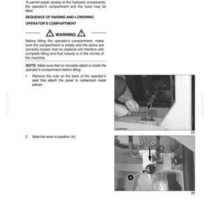 Może przedstawiać: Strona z instrukcji obsługi zatytułowana Section 3 - Operating Instructions, szczeg&oacute;łowo opisująca proces przechylania przedziału operatora i maski. Zawiera ramkę z ostrzeżeniem, ponumerowane kroki oraz dwa czarno-białe zdjęcia przedstawiające elementy mechaniczne i dźwignię oznaczoną literą A.