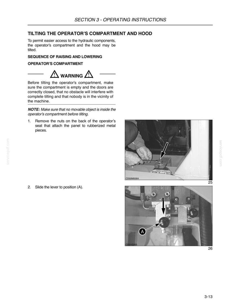 Może przedstawiać: Strona z instrukcji obsługi zatytułowana Section 3 - Operating Instructions, szczeg&oacute;łowo opisująca proces przechylania przedziału operatora i maski. Zawiera ramkę z ostrzeżeniem, ponumerowane kroki oraz dwa czarno-białe zdjęcia przedstawiające elementy mechaniczne i dźwignię oznaczoną literą A.