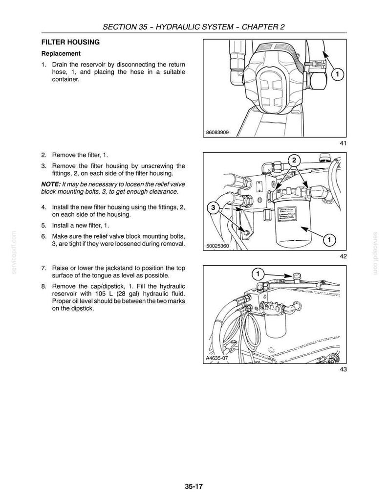 Pu&ograve; includere: Diagramma della procedura di sostituzione dell'alloggiamento del filtro del sistema idraulico. L'immagine include illustrazioni dettagliate del filtro, dei raccordi e dei componenti correlati, con numeri per ogni passaggio. Le istruzioni testuali accompagnano i diagrammi.