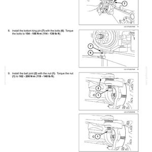 May include: Diagrams illustrating front axle system components, including final drive hub, steering knuckles, and shafts. Instructions detail installing king pins and ball joints, with torque specifications in Newton-meters and pound-feet.
