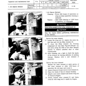 May include: A technical manual page titled F AIR CLEANER detailing maintenance instructions for an air cleaner element. It includes a table, three black and white instructional photographs, and text outlining cleaning and replacement steps.