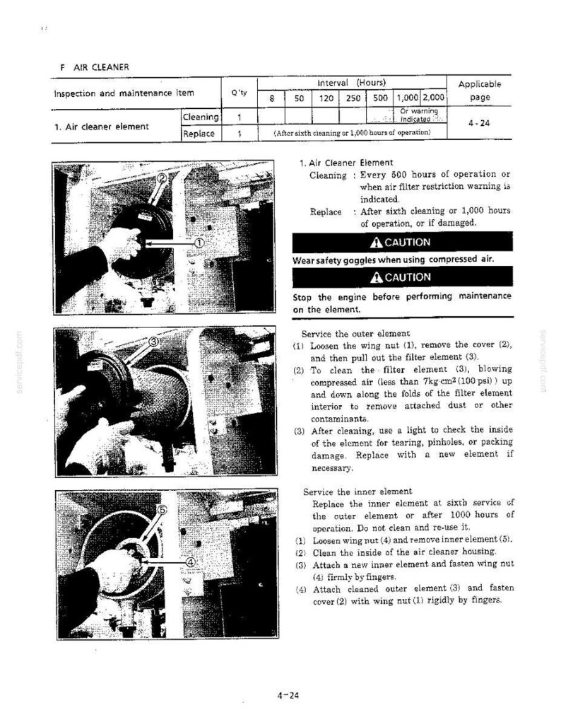 May include: A technical manual page titled F AIR CLEANER detailing maintenance instructions for an air cleaner element. It includes a table, three black and white instructional photographs, and text outlining cleaning and replacement steps.