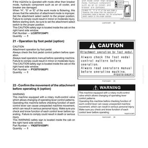 May include: A technical document page titled 2-SAFETY INFORMATION containing three safety labels for heavy machinery. The labels include text warnings regarding attachment mode selection, foot pedal operation, and rotary multi-control valve usage.