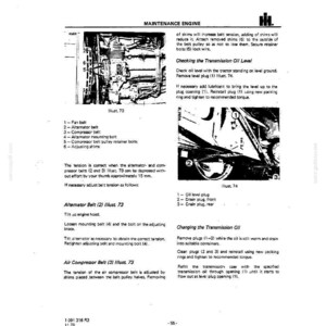 K&ouml;nnte beinhalten: Eine Seite aus einem Traktorenwartungshandbuch mit Diagrammen und Anweisungen. Der Text enth&auml;lt Details zum &Uuml;berpr&uuml;fen des &Ouml;lstands, zum Wechseln des Getriebe&ouml;ls und zum Einstellen der Riemen. Die Abbildungen zeigen Motorkomponenten.