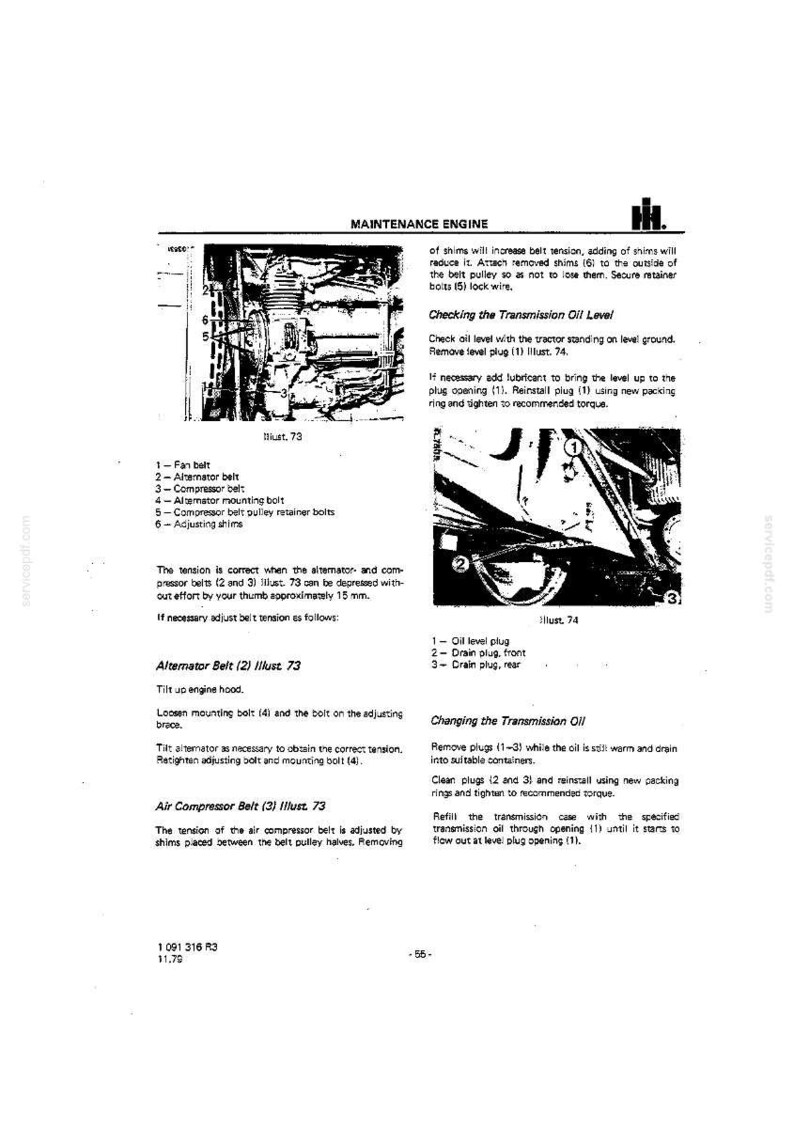 K&ouml;nnte beinhalten: Eine Seite aus einem Traktorenwartungshandbuch mit Diagrammen und Anweisungen. Der Text enth&auml;lt Details zum &Uuml;berpr&uuml;fen des &Ouml;lstands, zum Wechseln des Getriebe&ouml;ls und zum Einstellen der Riemen. Die Abbildungen zeigen Motorkomponenten.