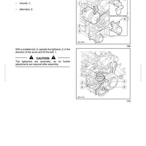 May include: Diagram of an engine with numbered components and arrows, illustrating assembly instructions. The image includes close-ups of engine parts and text instructions for tightening screws and fitting belts. The page number is 109 and 110.