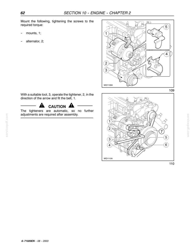 May include: Diagram of an engine with numbered components and arrows, illustrating assembly instructions. The image includes close-ups of engine parts and text instructions for tightening screws and fitting belts. The page number is 109 and 110.