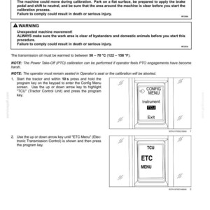 Pu&ograve; includere: Una pagina di manuale tecnico intitolata 7-MAINTENANCE che descrive le frizioni della presa di forza sulla trasmissione Auto Command. Include avvertenze di sicurezza, requisiti di temperatura di 50-70 gradi Celsius e istruzioni per i menu TCU ed ETC.