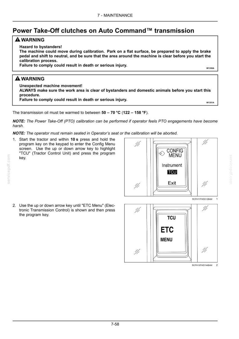 Pu&ograve; includere: Una pagina di manuale tecnico intitolata 7-MAINTENANCE che descrive le frizioni della presa di forza sulla trasmissione Auto Command. Include avvertenze di sicurezza, requisiti di temperatura di 50-70 gradi Celsius e istruzioni per i menu TCU ed ETC.