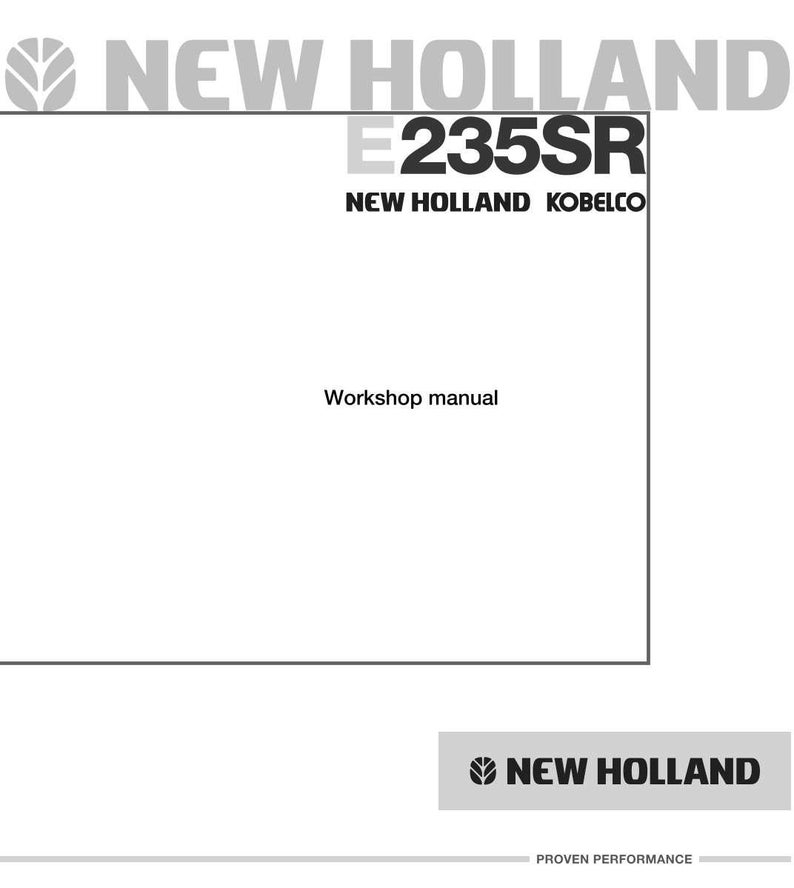 May include: A white background with the text "NEW HOLLAND E235SR NEW HOLLAND KOBELCO" in black and gray. The words "Workshop manual" are below the text. The New Holland logo is at the top and bottom.