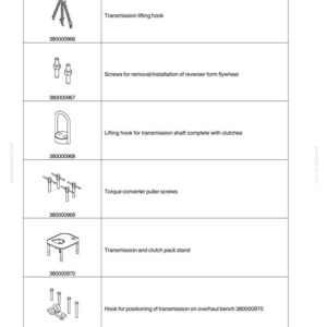 Pu&ograve; includere: Schema degli strumenti di trasmissione, tra cui un gancio di sollevamento, viti e un supporto. L'immagine include codici degli strumenti e descrizioni per ogni articolo, come le viti dell'estrattore del convertitore di coppia e un gancio di posizionamento.
