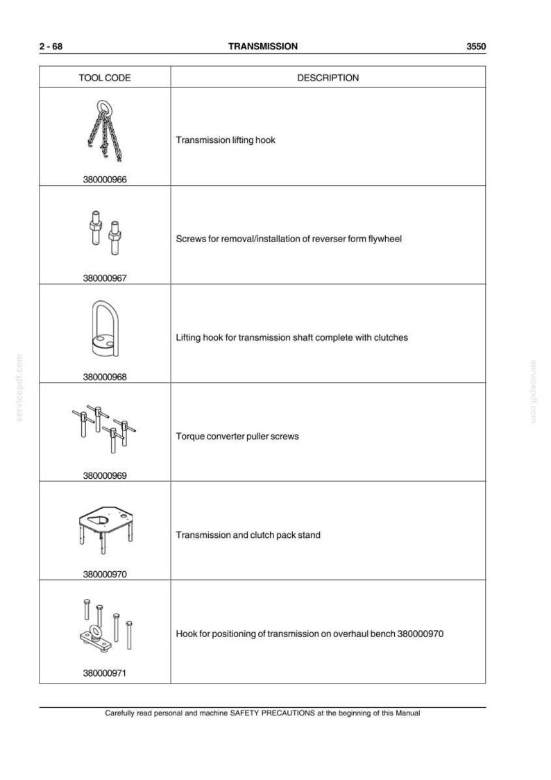 Pu&ograve; includere: Schema degli strumenti di trasmissione, tra cui un gancio di sollevamento, viti e un supporto. L'immagine include codici degli strumenti e descrizioni per ogni articolo, come le viti dell'estrattore del convertitore di coppia e un gancio di posizionamento.