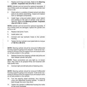 May include: Assembly instructions for a steering cylinder, with numbered steps detailing the process. Includes notes on replacing parts, cleaning, and tightening bolts to a torque of 89 lb ft. The document is a technical manual.