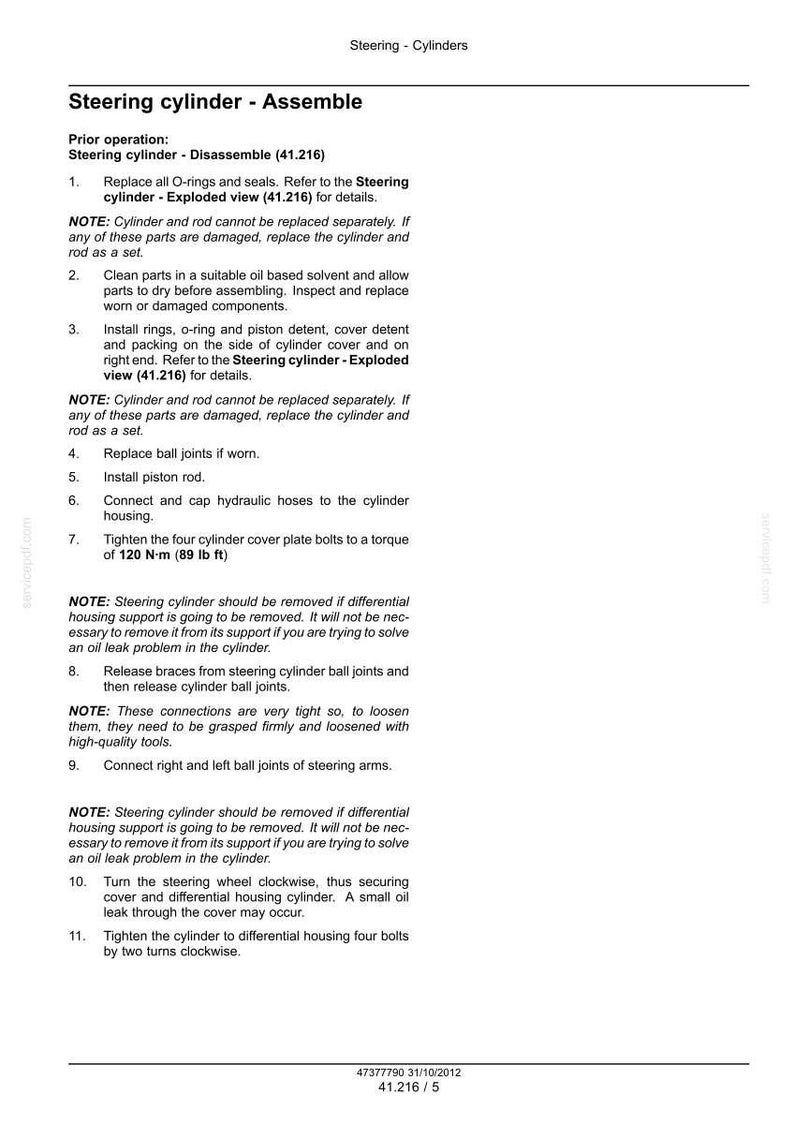 May include: Assembly instructions for a steering cylinder, with numbered steps detailing the process. Includes notes on replacing parts, cleaning, and tightening bolts to a torque of 89 lb ft. The document is a technical manual.