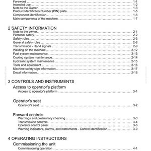 Puede incluir: Una p&aacute;gina de documento en blanco y negro titulada Contents, que enumera secciones para General Information, Safety Information, Controls and Instruments y Operating Instructions con n&uacute;meros de p&aacute;gina para un manual de m&aacute;quina.