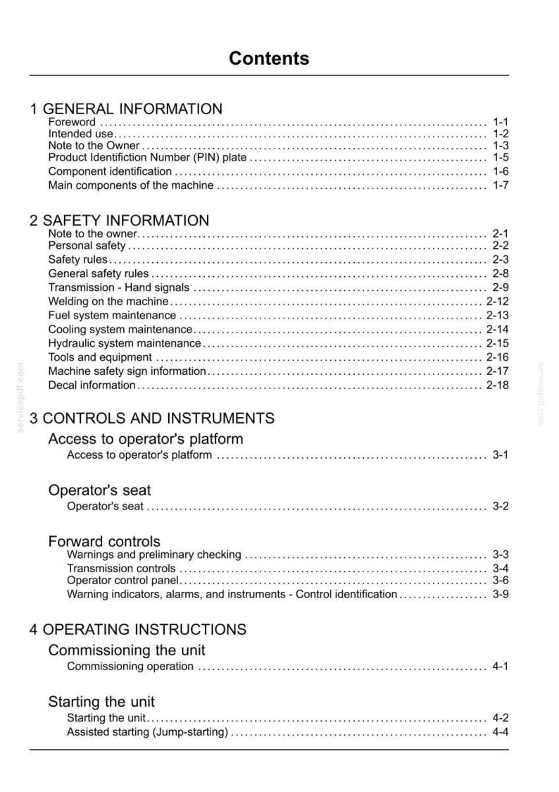Puede incluir: Una p&aacute;gina de documento en blanco y negro titulada Contents, que enumera secciones para General Information, Safety Information, Controls and Instruments y Operating Instructions con n&uacute;meros de p&aacute;gina para un manual de m&aacute;quina.
