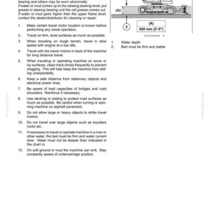 Puede incluir: Una p&aacute;gina de manual t&eacute;cnico titulada 6-WORKING OPERATIONS que muestra un diagrama de una excavadora en agua. Incluye instrucciones de seguridad para operar en lodo o agua, indicando una profundidad m&aacute;xima de 620 mm para la unidad de giro.