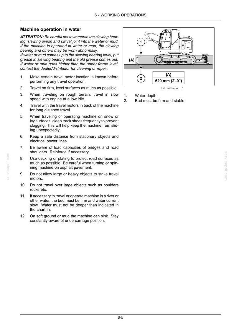 Puede incluir: Una p&aacute;gina de manual t&eacute;cnico titulada 6-WORKING OPERATIONS que muestra un diagrama de una excavadora en agua. Incluye instrucciones de seguridad para operar en lodo o agua, indicando una profundidad m&aacute;xima de 620 mm para la unidad de giro.