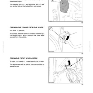 May include: A technical manual page titled SECTION 2 - CONTROLS AND INSTRUMENTS. It features three black and white line drawings showing how to operate vehicle doors and the front windscreen, with numbered labels and instructional text for each.