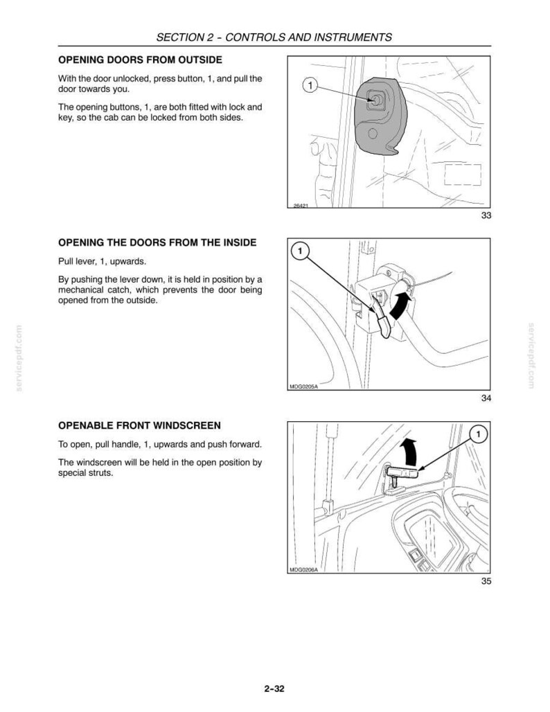 May include: A technical manual page titled SECTION 2 - CONTROLS AND INSTRUMENTS. It features three black and white line drawings showing how to operate vehicle doors and the front windscreen, with numbered labels and instructional text for each.