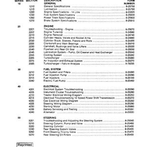 May include: A table of contents for a 4994 tractor, listing sections and descriptions. Includes sections on the engine, fuel system, electrical, and steering. Printed in the U.S.A. in July 1984.