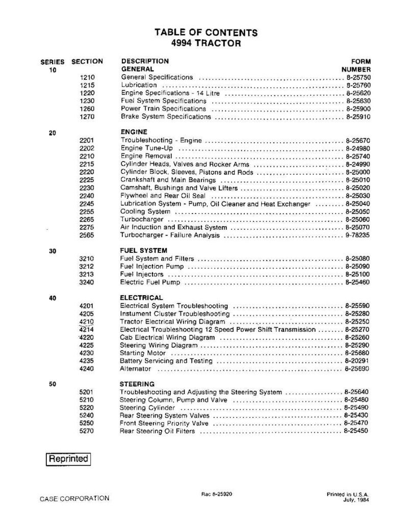 May include: A table of contents for a 4994 tractor, listing sections and descriptions. Includes sections on the engine, fuel system, electrical, and steering. Printed in the U.S.A. in July 1984.