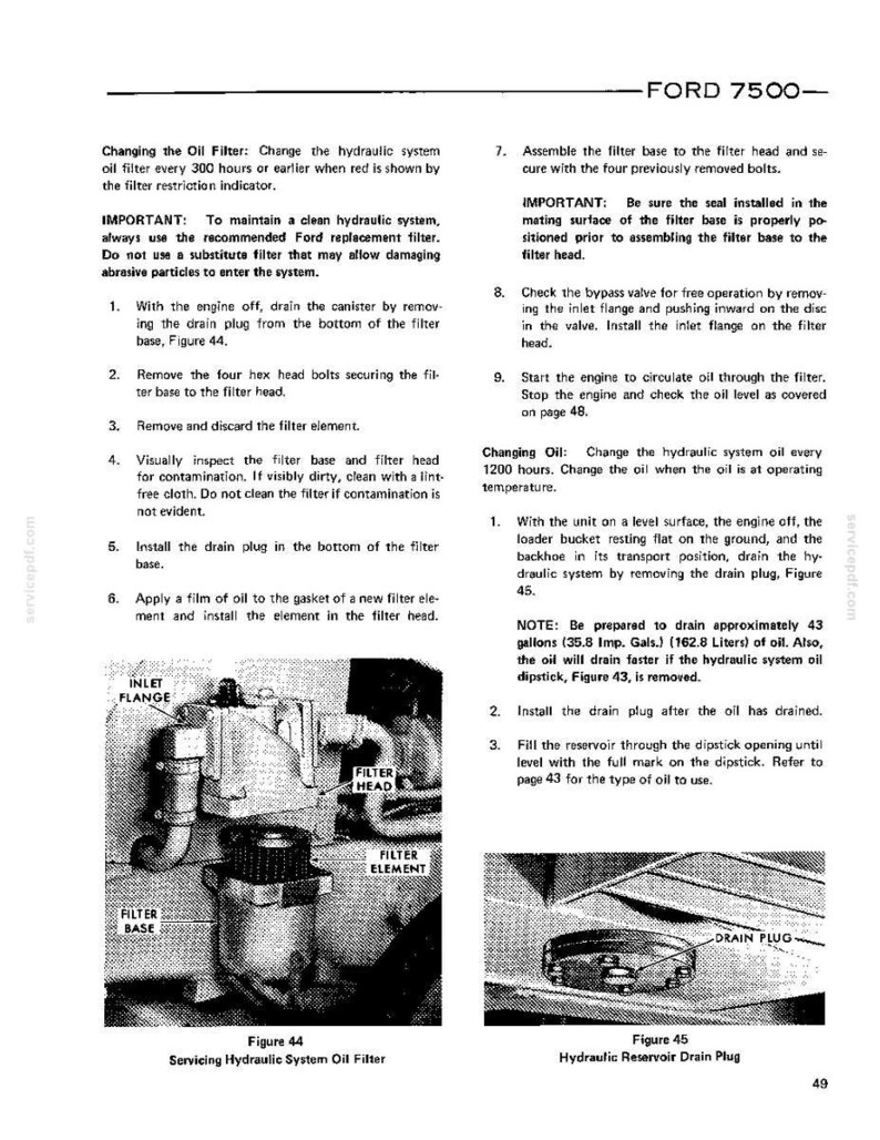 May include: A technical manual page for the Ford 7500 tractor, featuring black and white diagrams of a hydraulic oil filter and a reservoir drain plug, with detailed text instructions for changing the oil and filter, including a 43 gallon capacity.