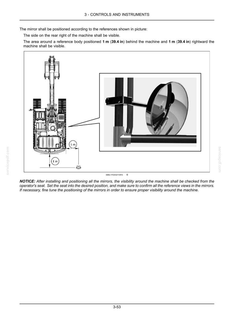 May include: Diagram of a machine with a mirror, showing reference points for positioning. The text indicates the mirror's placement and visibility requirements, with measurements in inches. The image is from a technical manual.
