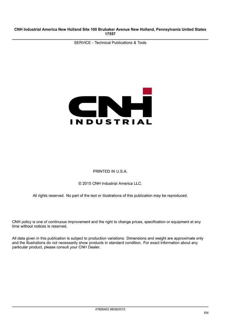 May include: A white document with the CNH Industrial logo in black and red. The text includes the company's address in Pennsylvania, USA, and information about technical publications and tools. Copyright 2015.
