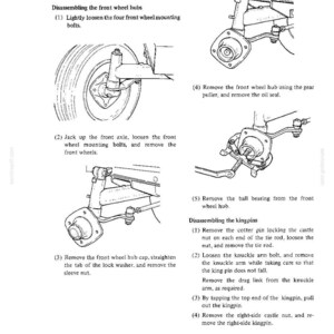 May include: Line drawing of a car's front wheel assembly with instructions for disassembly. The image shows steps for removing the wheel hub, ball bearing, and kingpins. Text includes instructions for loosening bolts and removing parts.