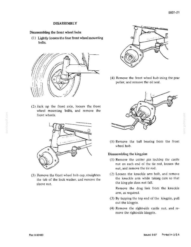 May include: Line drawing of a car's front wheel assembly with instructions for disassembly. The image shows steps for removing the wheel hub, ball bearing, and kingpins. Text includes instructions for loosening bolts and removing parts.