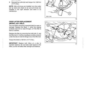 May include: A technical manual page titled SECTION 58 - ATTACHMENTS/HEADERS - CHAPTER 1, featuring two black and white line drawings of machinery components. The diagrams show numbered parts, including a knife bolt and crop lifter, with instructions.