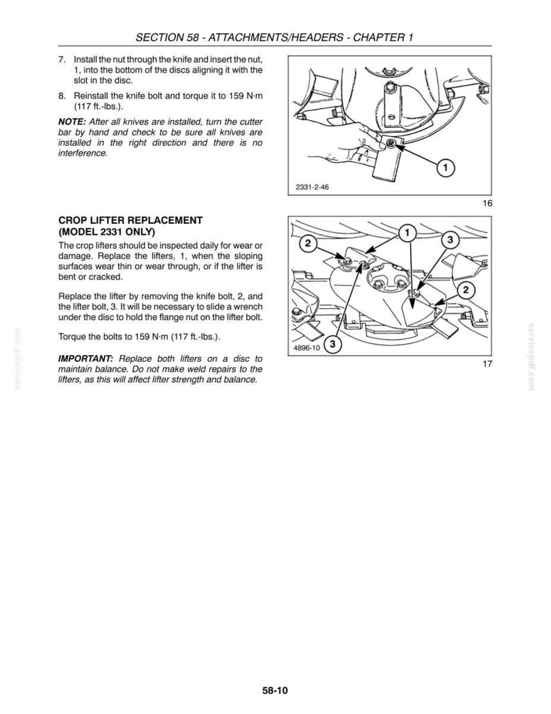 May include: A technical manual page titled SECTION 58 - ATTACHMENTS/HEADERS - CHAPTER 1, featuring two black and white line drawings of machinery components. The diagrams show numbered parts, including a knife bolt and crop lifter, with instructions.