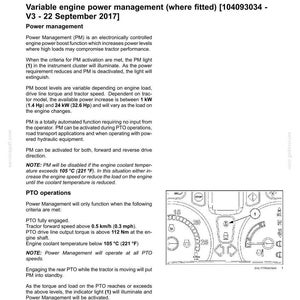 Puede incluir: Una p&aacute;gina de documento t&eacute;cnico titulada 6-WORKING OPERATIONS que detalla la gesti&oacute;n variable de la potencia del motor para tractores. Incluye texto que explica las funciones de refuerzo de potencia, operaciones de TDF y un diagrama de un panel.