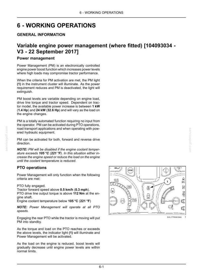 Puede incluir: Una p&aacute;gina de documento t&eacute;cnico titulada 6-WORKING OPERATIONS que detalla la gesti&oacute;n variable de la potencia del motor para tractores. Incluye texto que explica las funciones de refuerzo de potencia, operaciones de TDF y un diagrama de un panel.