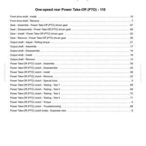 May include: A white and black document page titled "Index" with a list of Power Take-Off (PTO) related topics. The document includes sections on installation, removal, and testing of PTO components. The document also includes a date and version number.