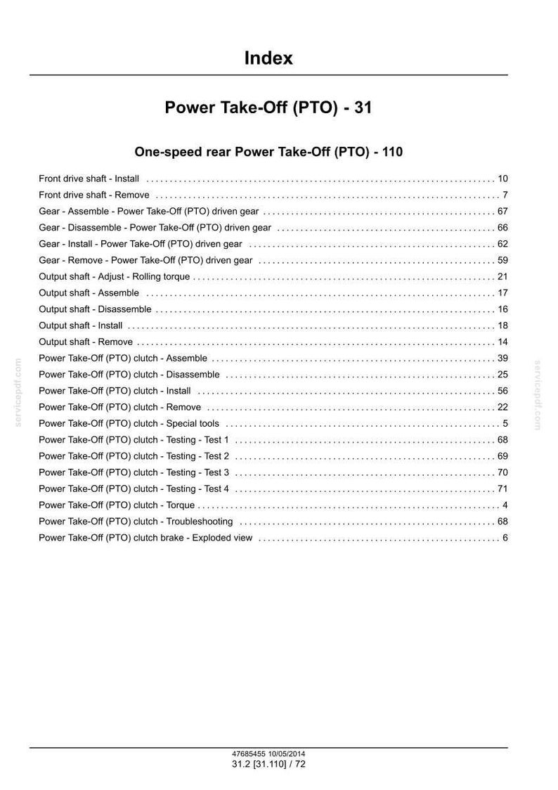 May include: A white and black document page titled "Index" with a list of Power Take-Off (PTO) related topics. The document includes sections on installation, removal, and testing of PTO components. The document also includes a date and version number.