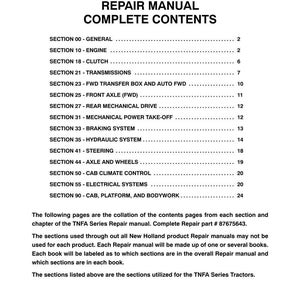 May include: A black and white document titled TN75FA, TN85FA, TN95FA REPAIR MANUAL COMPLETE CONTENTS. It lists sections from 00 to 90, including engine, clutch, transmissions, axles, braking, hydraulic, steering, and electrical systems for TNFA tractors.