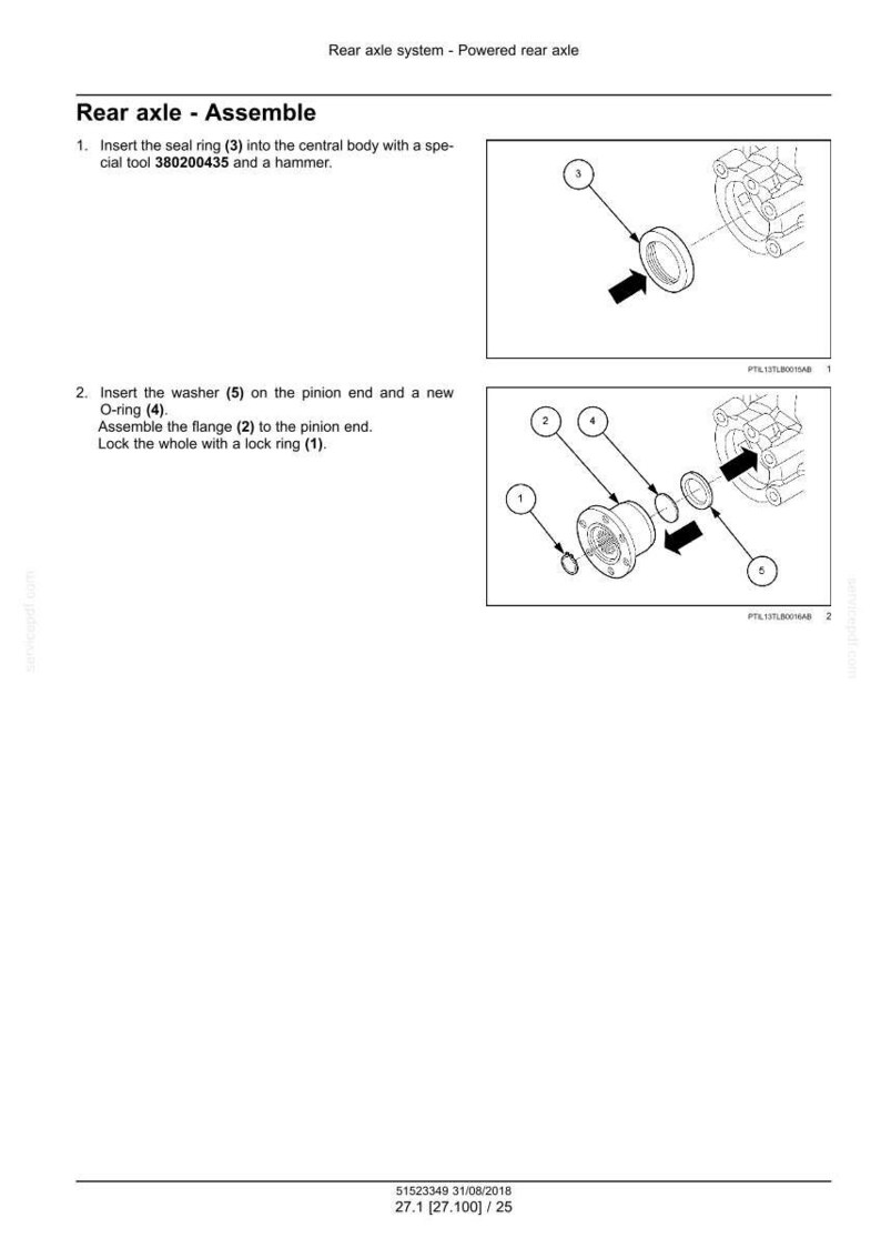 May include: Diagram of a rear axle assembly process. Instructions include inserting a seal ring, washer, O-ring, and flange. The image includes arrows pointing to the parts and their placement.