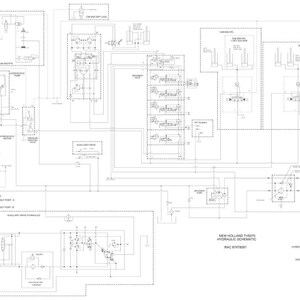 May include: A detailed hydraulic schematic diagram for a New Holland tractor, featuring a complex network of lines, symbols, and text labels. The diagram is in black and white, with a legend indicating different flow types.