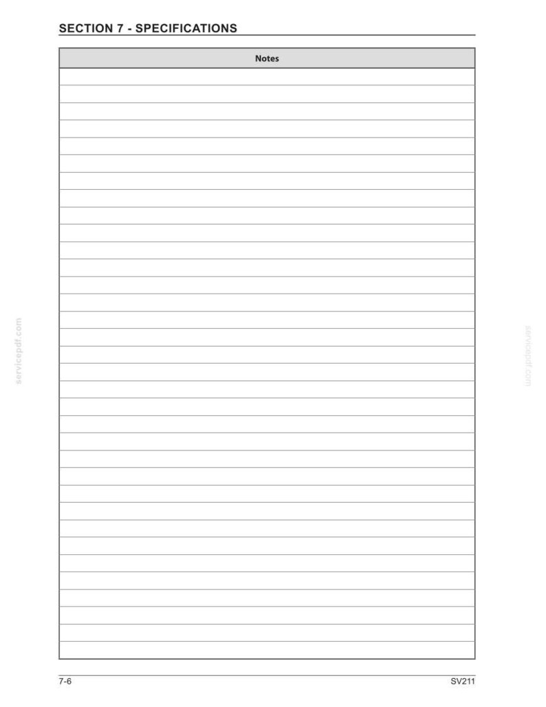 May include: A white page with horizontal lines for writing notes. The top of the page has the text "SECTION 7 - SPECIFICATIONS" and a box labeled "Notes". The bottom of the page has the numbers "7-6" and "SV211".