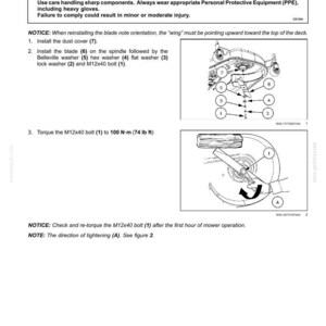 May include: A technical manual page titled Blade - Install, featuring a caution notice about cutting hazards, numbered installation steps for a mower blade, spindle, washers, and bolt, plus two diagrams illustrating the assembly and torque process.