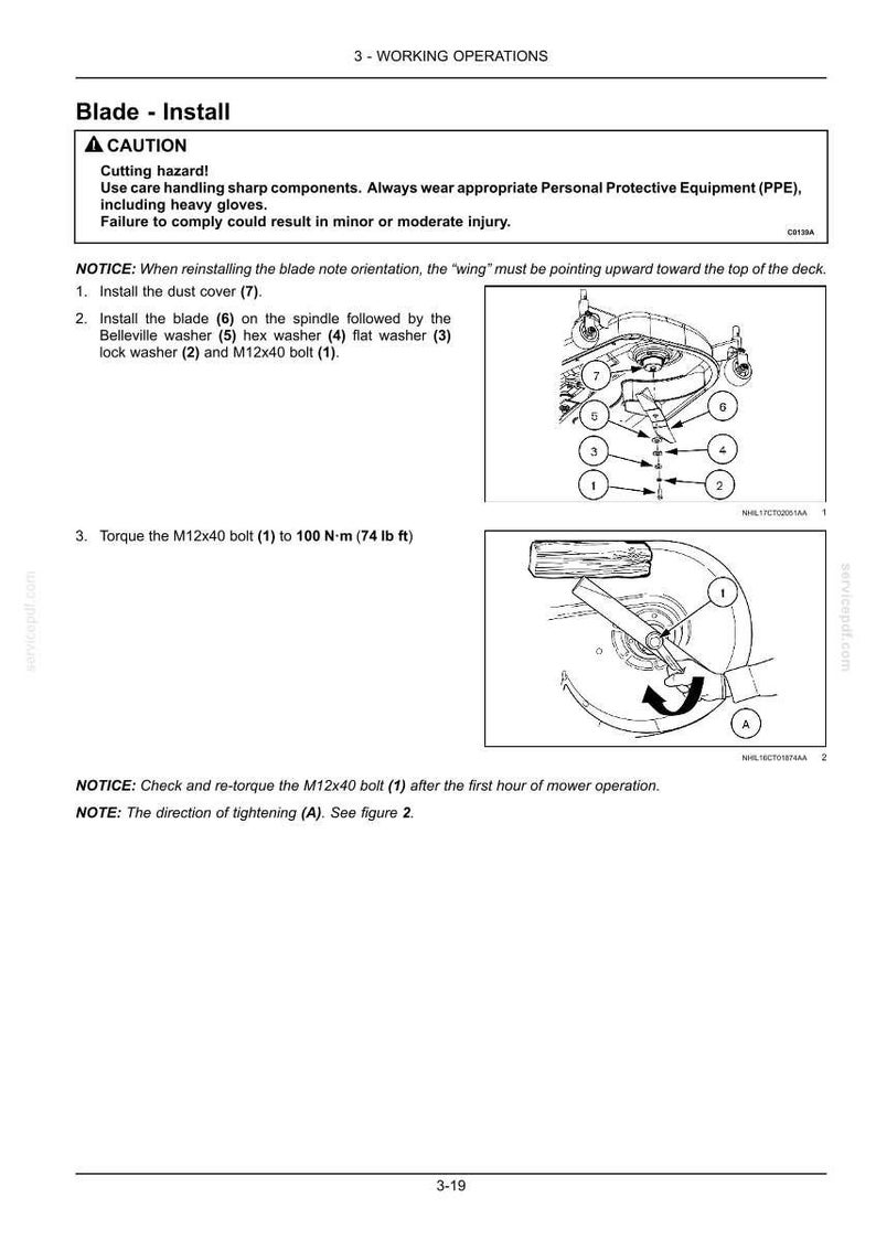 May include: A technical manual page titled Blade - Install, featuring a caution notice about cutting hazards, numbered installation steps for a mower blade, spindle, washers, and bolt, plus two diagrams illustrating the assembly and torque process.
